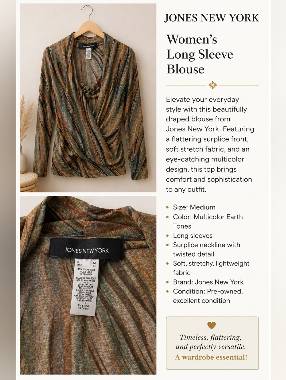 Jones New York Multicolor Earth-Tone Surplice Long Sleeve Blouse